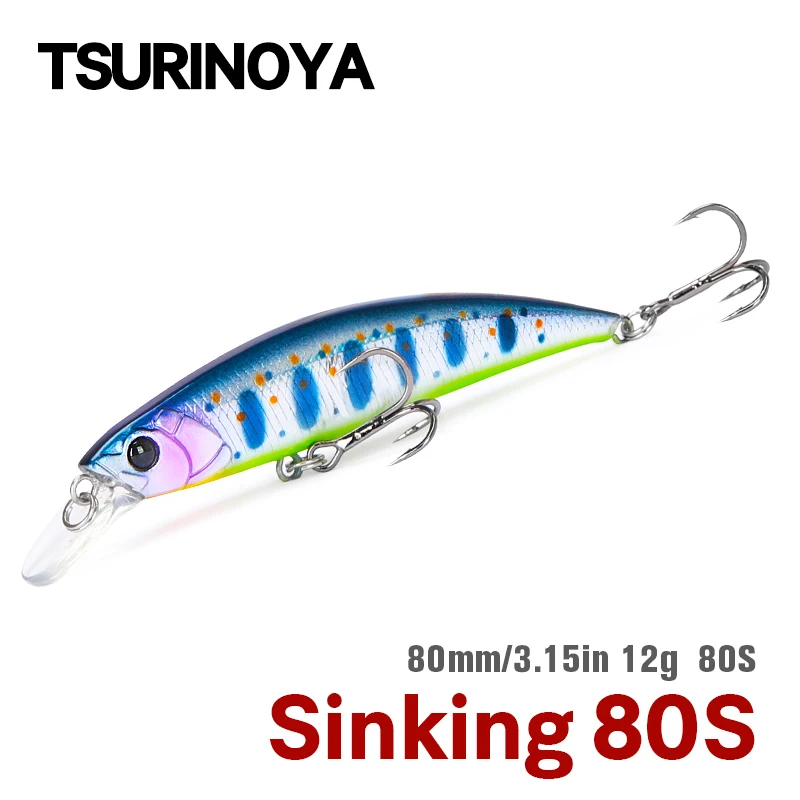 

TSURINOYA 80S 12g Sinking Minnow Fishing Lure DW96 8cm Large Trout Pike Rockfish Hard Bait Jerkbait Freshwater Saltwater Wobbler