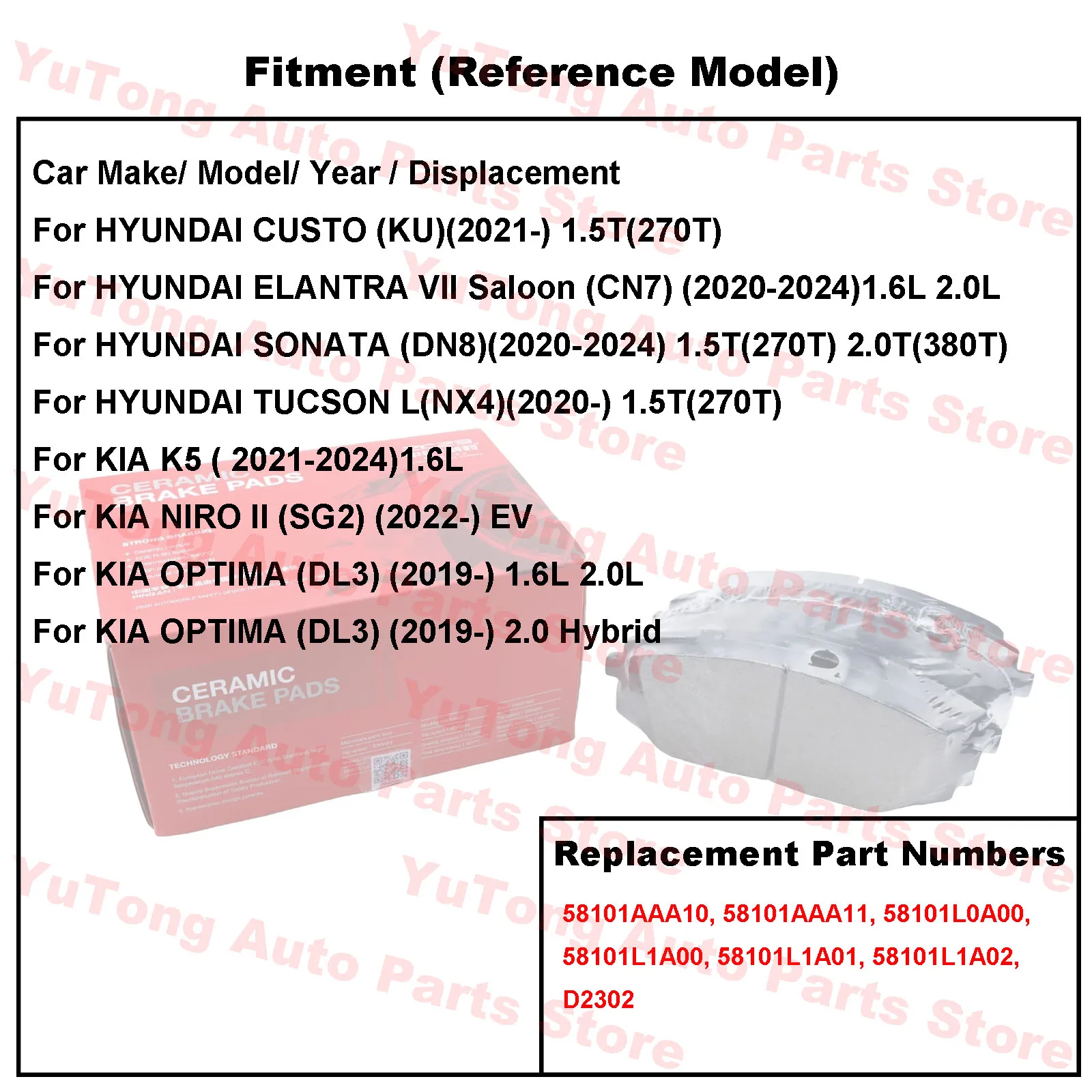 현대 CUSTO 270T 2021-2024 SONATA DN8 TUCSON L ELANTRA KIA K5 NIRO OPTIMA 예비 부품 도자기 용 앞 브레이크 패드 세트