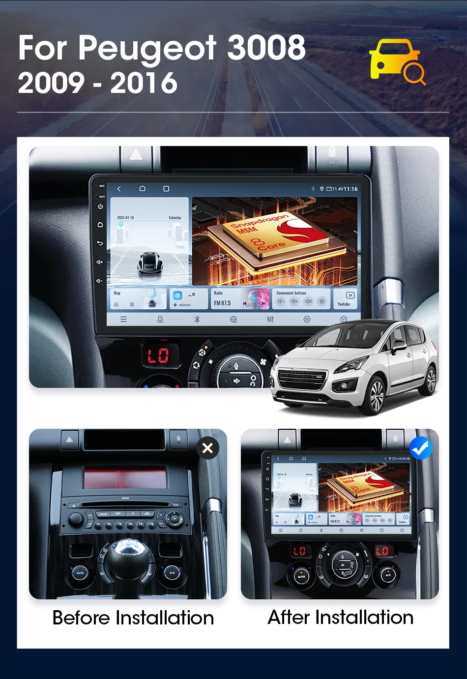 Autoradio für Peugeot 3008 5008 AT MT 2009 2012–2016 Android Auto Carplay Multimedia Player Navigation GPS 4G + WIFI Head Unit – Detail 3