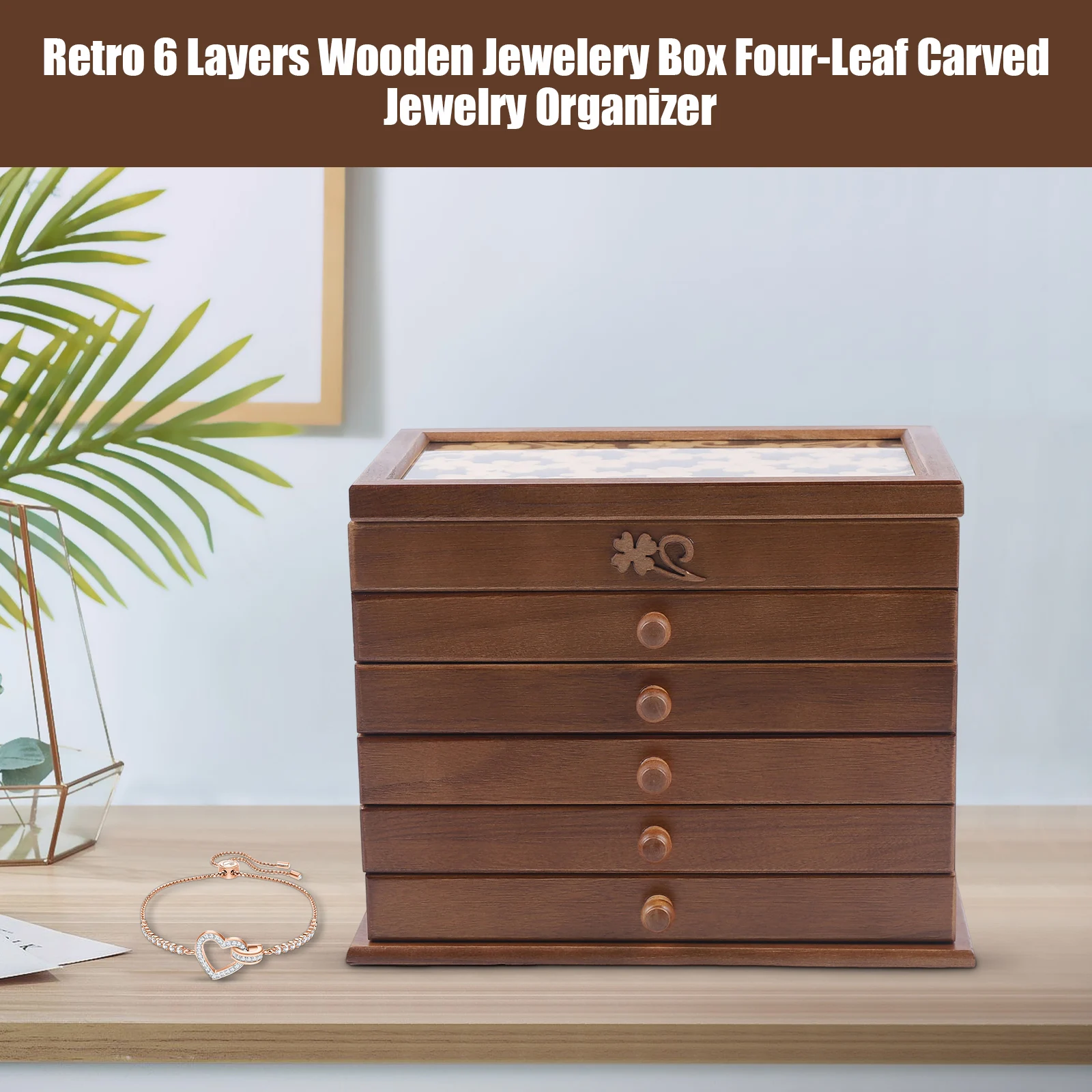 

Retro Wooden 6 Layers W/5 Drawers+35 Slots Mens Womens Jewelry Box Watch Organizer Necklace Ring Earring Storage