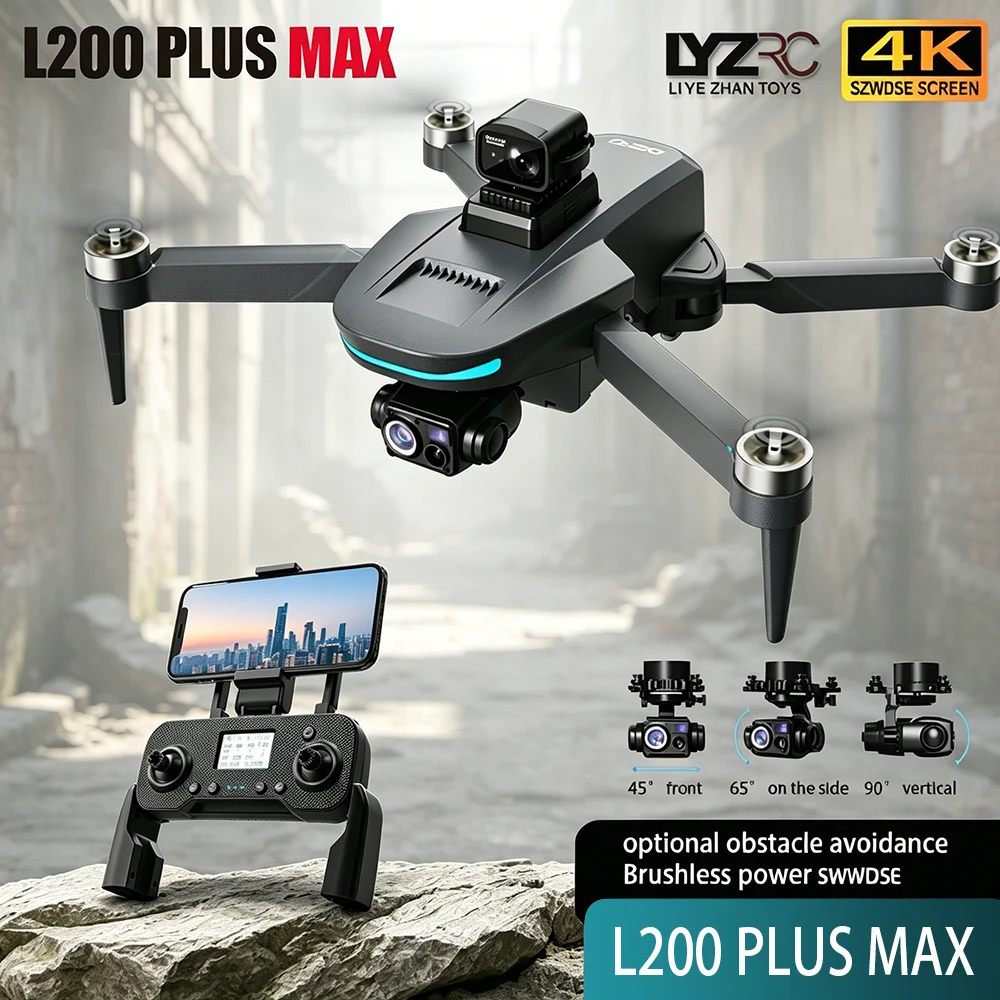 Drone L200 Plus MAX 4K avec caméra HD, nacelle 3 axes et GPS survolant un paysage urbain.