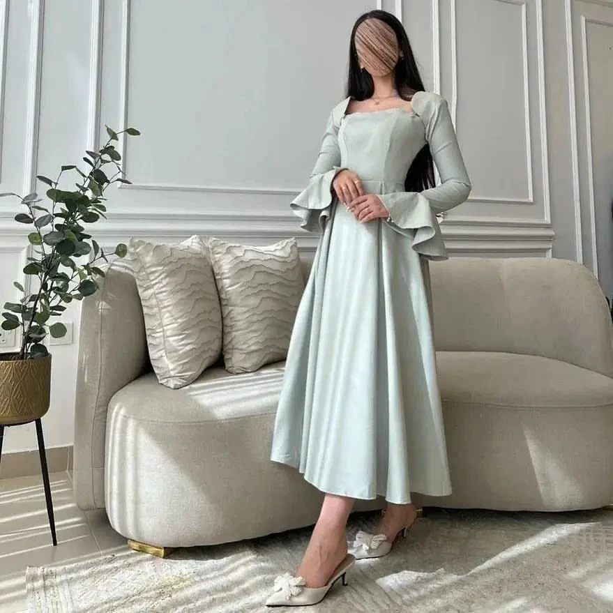 

Formal Occasion Dresses Elegant Long Sleeves Prom Dresses Square Neck Pleated Tea Length Party Dresses Evening Dresses Cocktail
