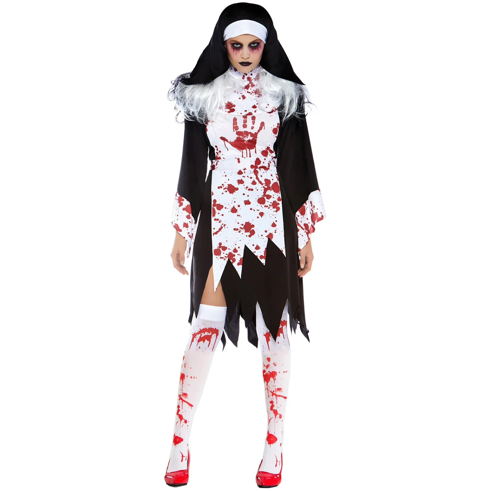 Vampire Bloodthed Nun Costume Blood Dripping Zombie Cosplay Abiti Donna Halloween Carnival Party Outfits