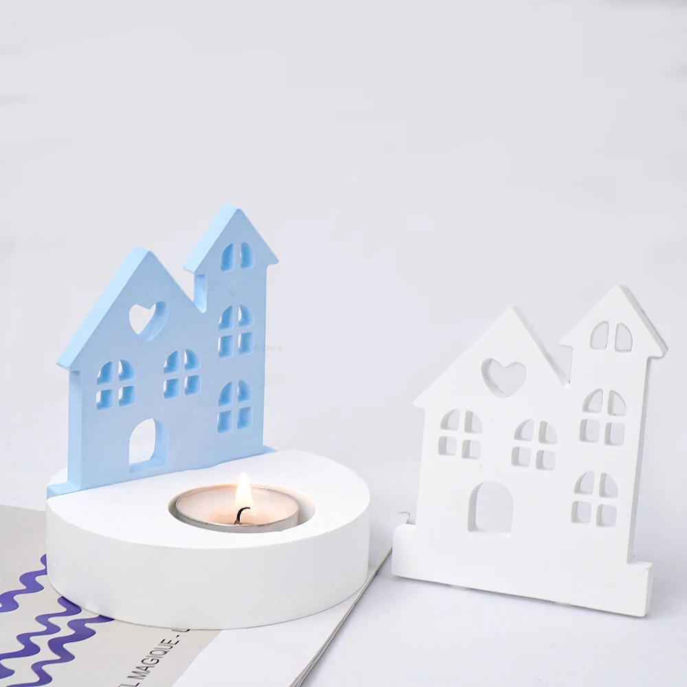 Love House Candle Holder Ornament Silicone Mold DIY Window Houses Tea Light Candlestick Molds Plaster Resin Crafts Making Mould