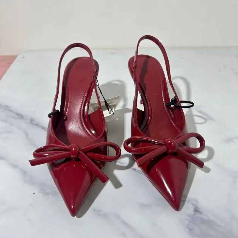 Red bow slingback women high heels pointed toe patent leather autumn