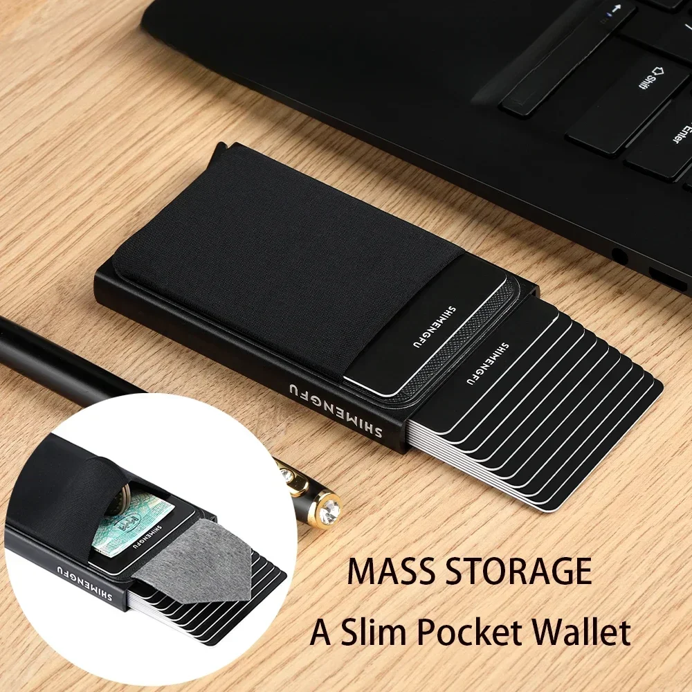 

Slim Aluminum Wallet with Elasticity Back Pouch ID Credit Card Holder Mini RFID Wallet Automatic Pop Up Bank Card Case Men Purse