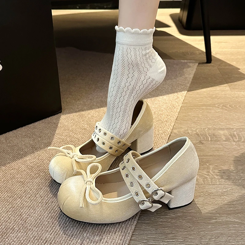 Bow Elegant Shallow Mary Janes Shoes Chunky High Heels Buckle Fad Pumps Spring New Trend 2025 Dress Designer Mujer De Zapatillas 4