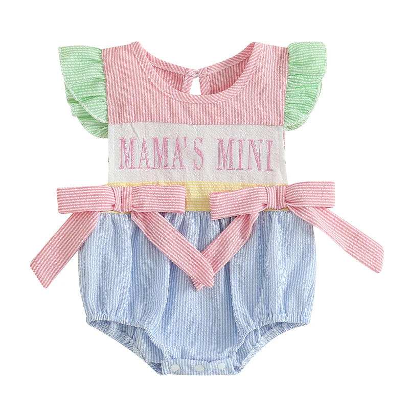 Adorable Baby Girls Romper with Flutter Sleeves Striped Design Cute Bows and Embroidered Letters - Perfect Summer Outfit for 7