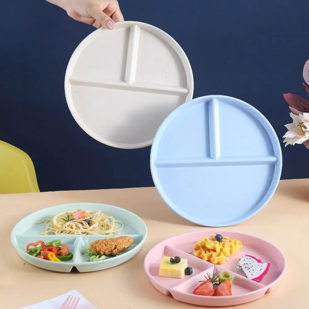 Kitchen Dinnerware Wheat Straw Round Divided Plate 3 Grids Anti-fall Food Tray Reusable Compartment Plate Breakfast