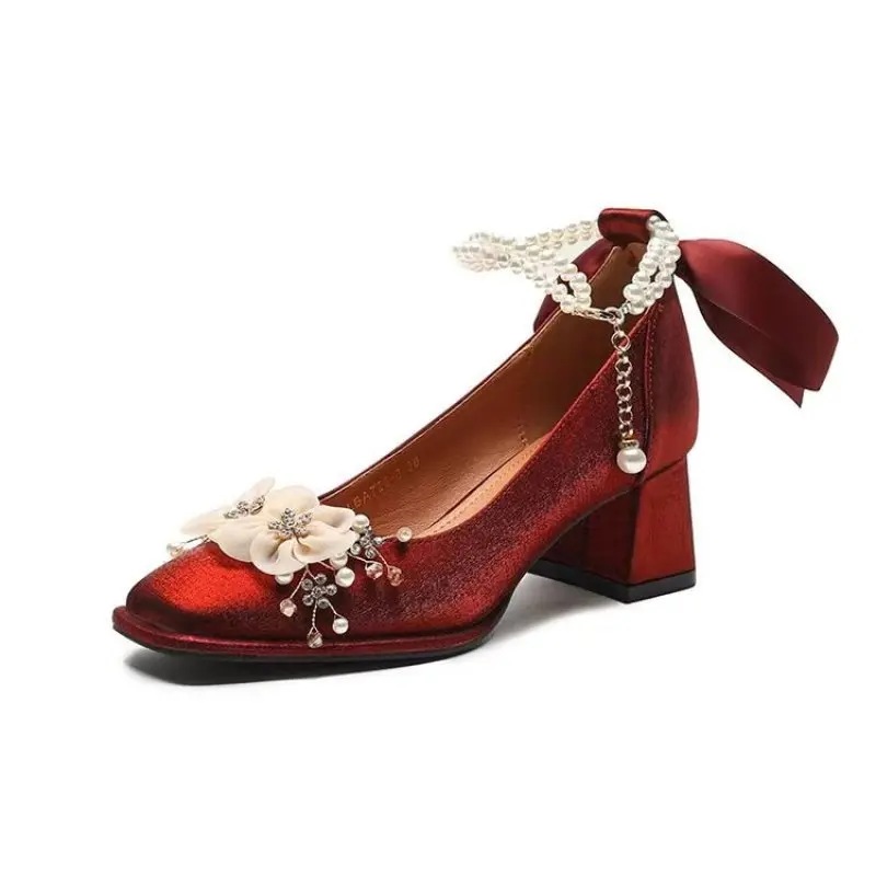 Elegant Flowers High Heels Pumps Women New Pearl Ankle Strap Wedding Shoes Woman String Bead Small Square Heel Bridal Sexy Shoes