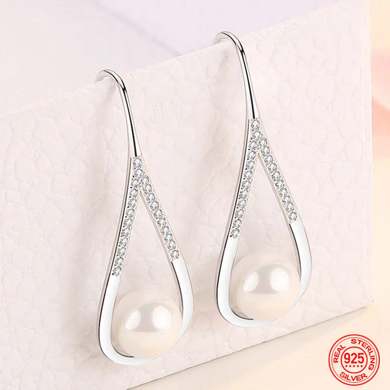 

925 Sterling Silver Drop Shaped Pearl Zircon Dangle Earring For Women Charm Engagement Jewelry Party Gift
