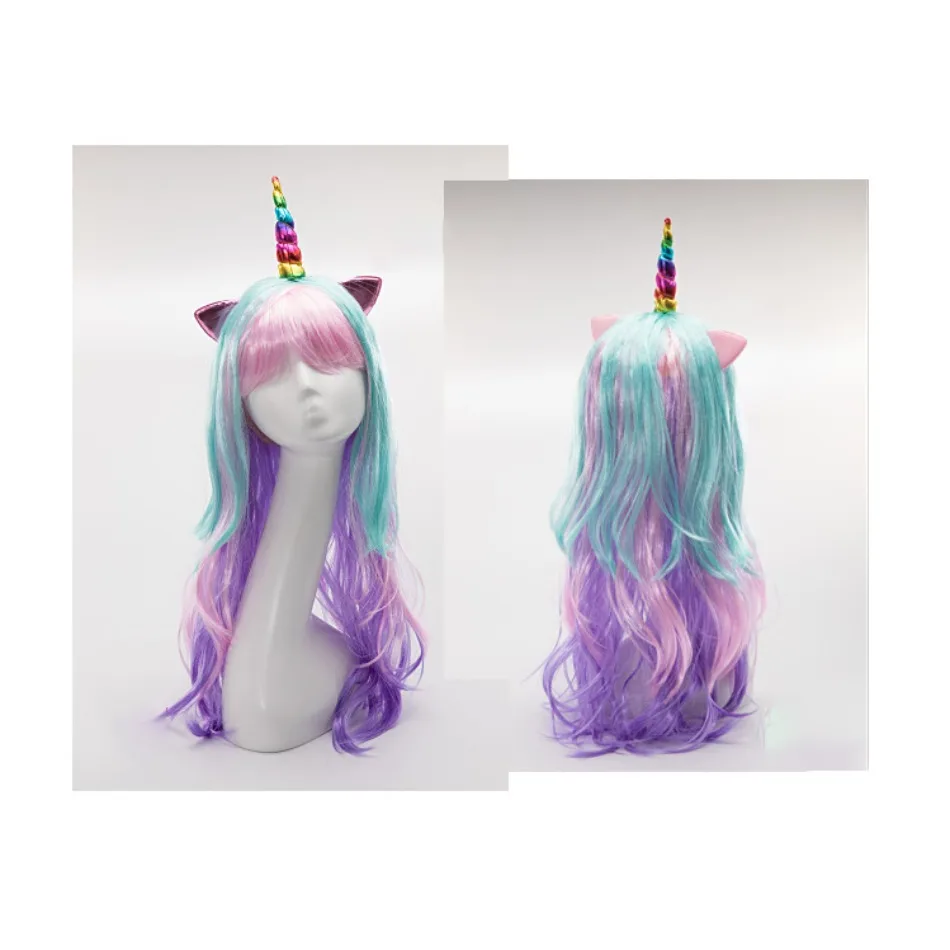 Girls Unicorn Cosplay Hairband Kids Dress UP Wigs Princess Fancy Outfits Accessories Baby Girl Rainbow Braid Synthetic Hair 2
