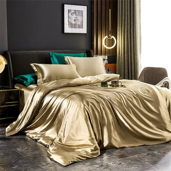 Solid Silk Bedding Set with Duvet Cover Bed Sheet Pillowcases Luxury Satin Single Double Bedsheet King Queen Twin Size 3