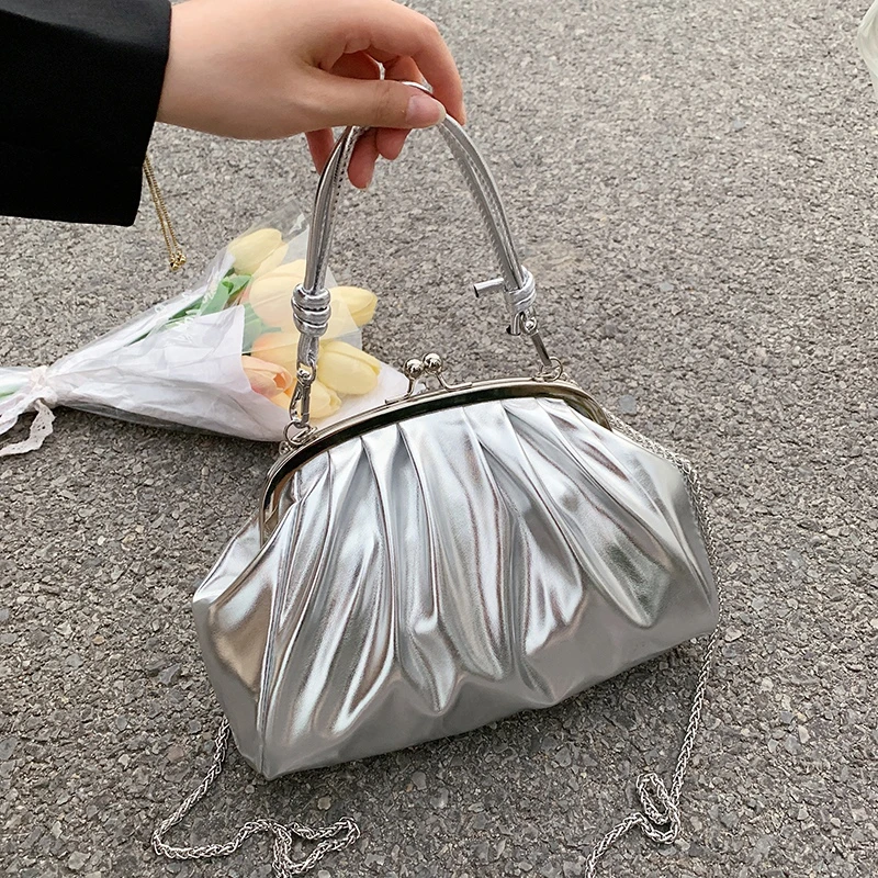 Women Handbag Pleated Leather Shoulder Bag Clip Crossbody Bag Purse