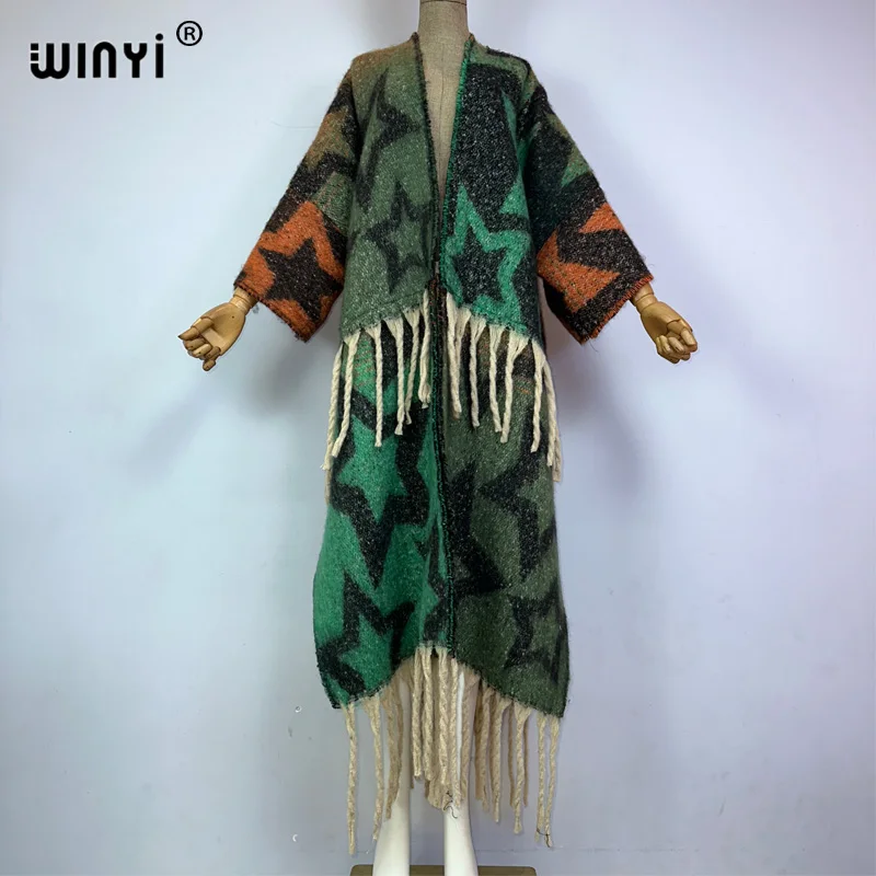 WINYI winter coat for women gradient print tassels Luxury Fur Loose OverCoat Thick Warm long down coat Europe cardigan jacket