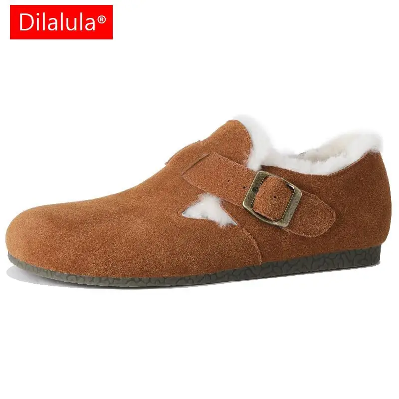 

Dilalula Concise Women Flats Round Toe Cow Suede Leather Metal Buckle Loafers Shoes Woman Autumn Winter Warm Wool Casual Comfort