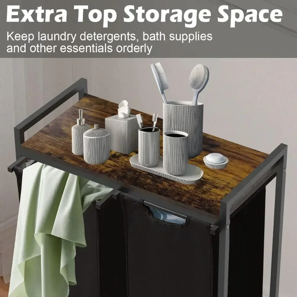 Laundry Hamper Sorter with 2 Removable & Pull-Out Sorting Bags Wooden Top Shelf
