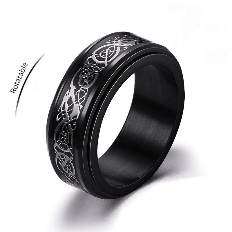 Punk Celtic Dragon Rotating Anxiety Ring For Men Fidget Spinner Stainless Steel Inlay Carbon Fiber Metal Rock Band Ring Anillo