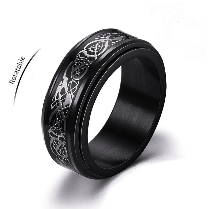 Punk Celtic Dragon Rotating Anxiety Ring For Men Fidget Spinner Stainless Steel Inlay Carbon Fiber Metal