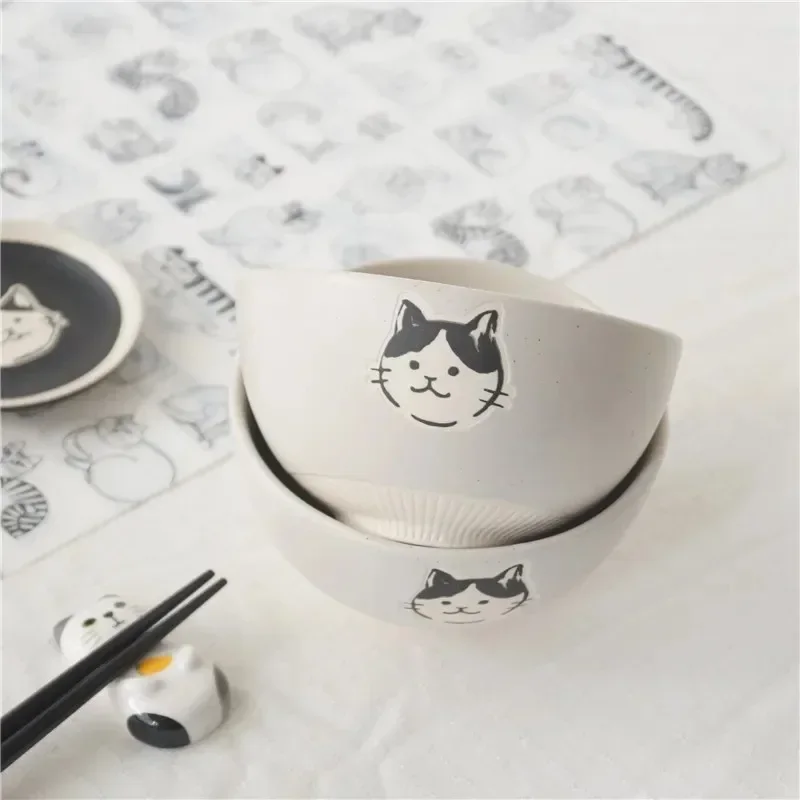 Hand-painted Stoneware Cat Face Ceramic Bowl 4.5inch Underglaze Color Craft Cute Cat Rice Bowl Soup Bowl Kitchen Tools