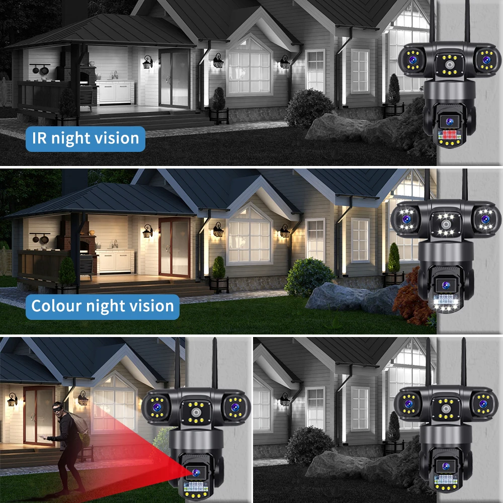 12MP Triple Lens 10X Zoom Camera 4G Sim Card 3 Screen 6K Security Outdoors Home Surveillance P2P Wireless WiFi Video Monitor 4
