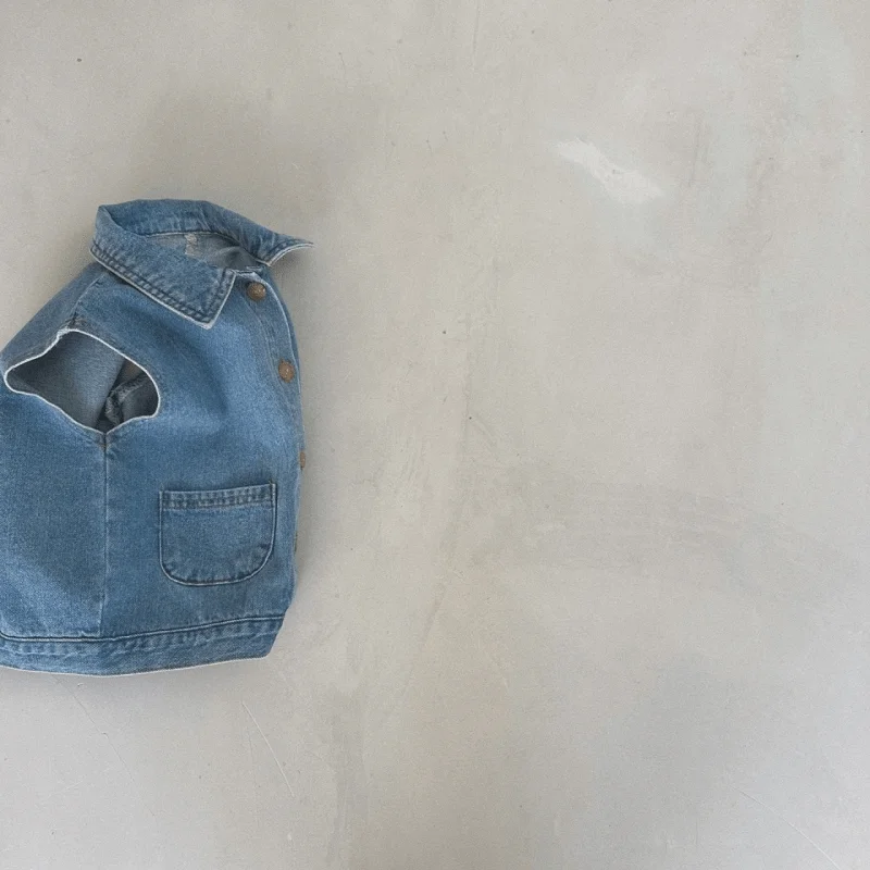 Newborn Baby Girl Boy Denim Jacket Infant Toddler Child Sleeveless Turn-down Collar Coat Solid Color Vest Baby Clothes 9M-7Y