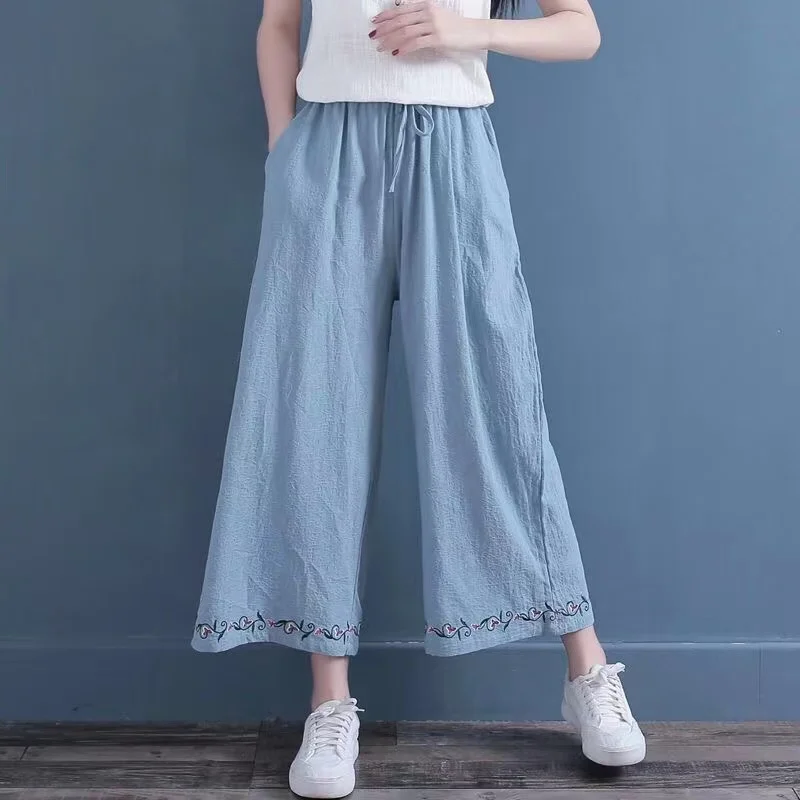 

2023 Women Pants Comfortable Cotton Linen Wide Leg Pants Summer Female Pants Straight Loose Casual Embroidered Adjustable Waist