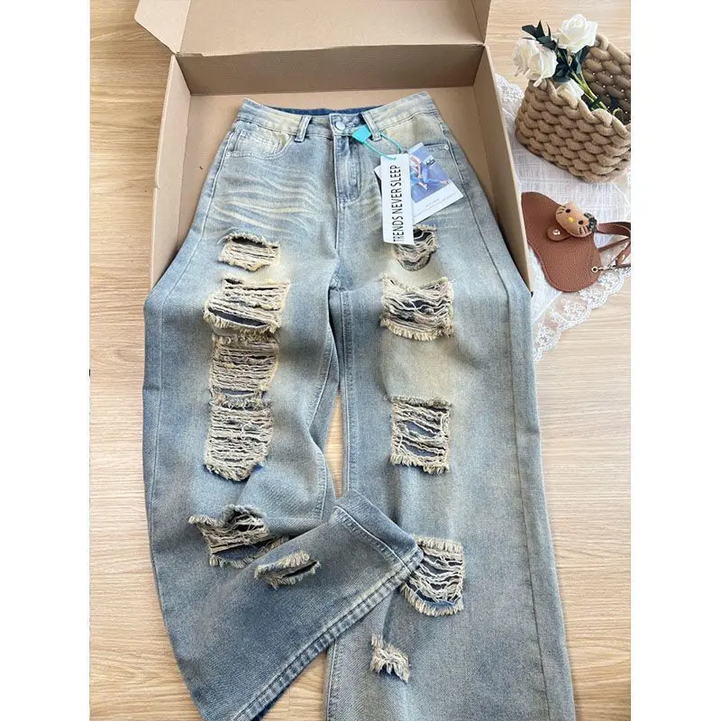 2025 Autumn New Retro Old Ripped Jeans Wide-leg Jeans Women Loose Pants Trousers Baggy Jeans 5