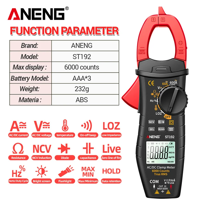 ANENG 디지털 클램프 멀티미터, ST191, ST192, ST193, 4, AC/DC 전류 6000 카운트, True RMS 커패시턴스, NCV Ohm Hz 트랜지스터