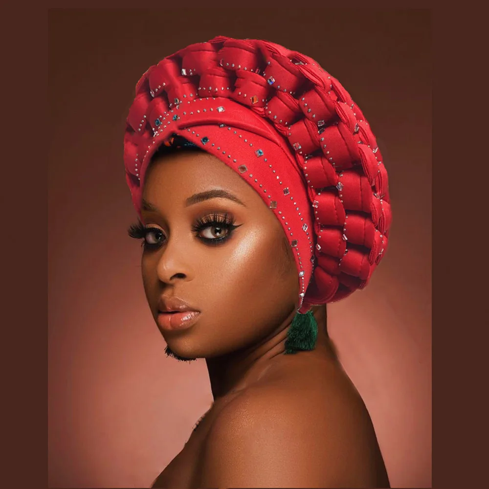 Exaggerated Braids Turban Cap African Sequin Head Wrap Diamonds Nigeria Auto Gele Headtie Wedding Party Headwear Muslim Hijab 6
