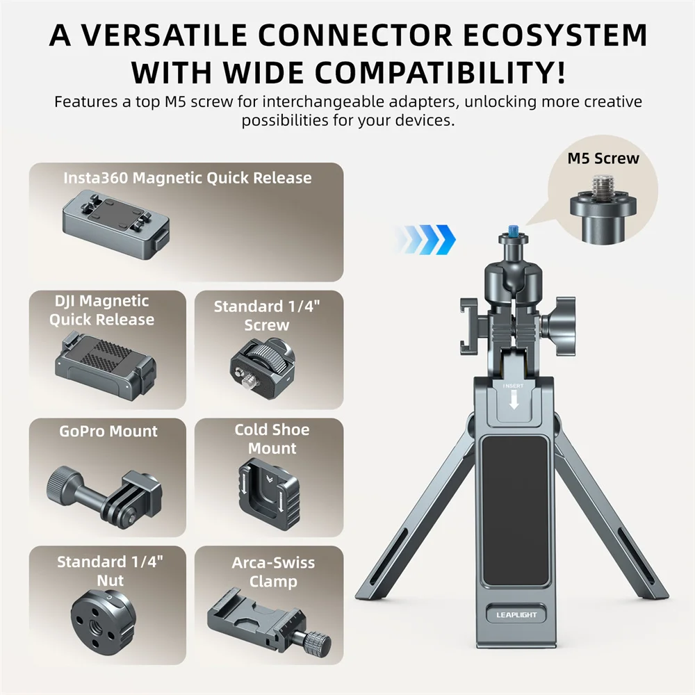 Treppiede LEAPLIGHT multifunzione magnetico girevole a 360° in alluminio con gancio pieghevole per smartphone, fotocamera e streaming live._voghion.com