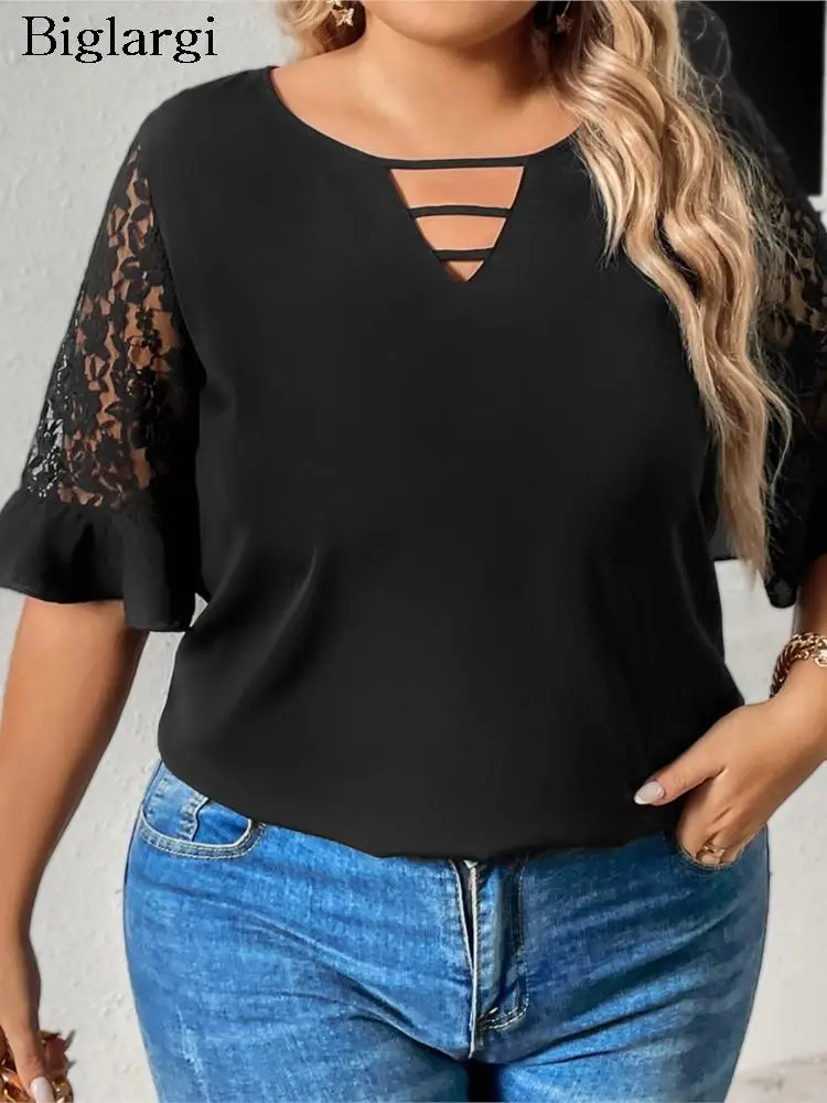 

Plus Size Summer Tops Women Lace Patchwork Casual Fashion Ladies Blouses Loose Hollow Out Woman Tops 2023