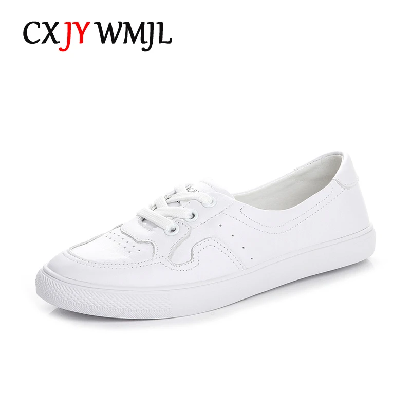 

CXJYWMJL Cowhide Casual Sneakers for Women Summer Flat Vulcanized Shoes Genuine Leather Spring Skate Shoes Ladies Sports White