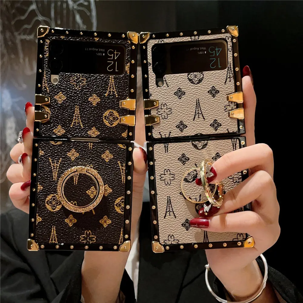 

Luxury Fashion Retro Flower Case For Samsung Galaxy Z Flip 4 ZFlip 3 5G Finger Ring Holder Square Folding Leather Cover Fundas