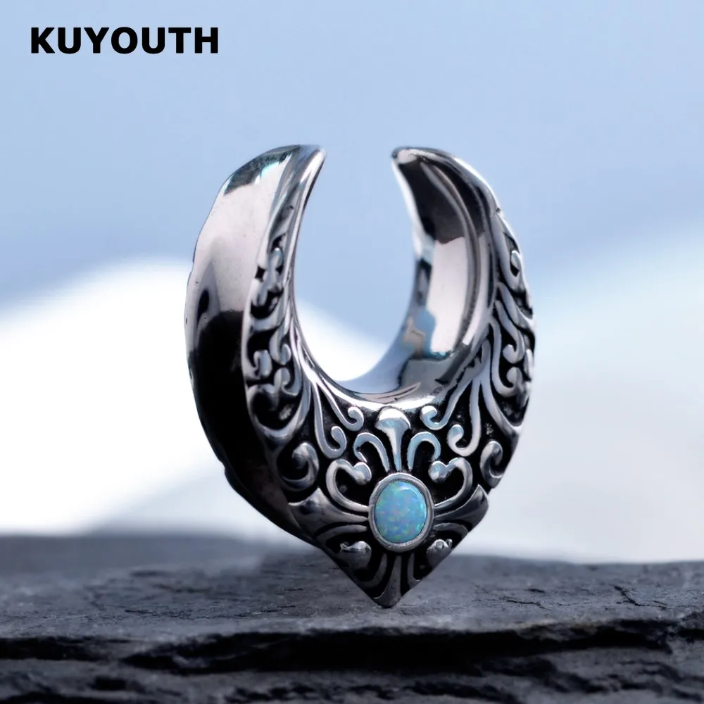 

KUYOUTH Vintage Stainless Steel Blue Opal Notch Ear Tunnels Plugs Expanders Earring Body Jewelry Piercing Gauge Stretchers 2PCS