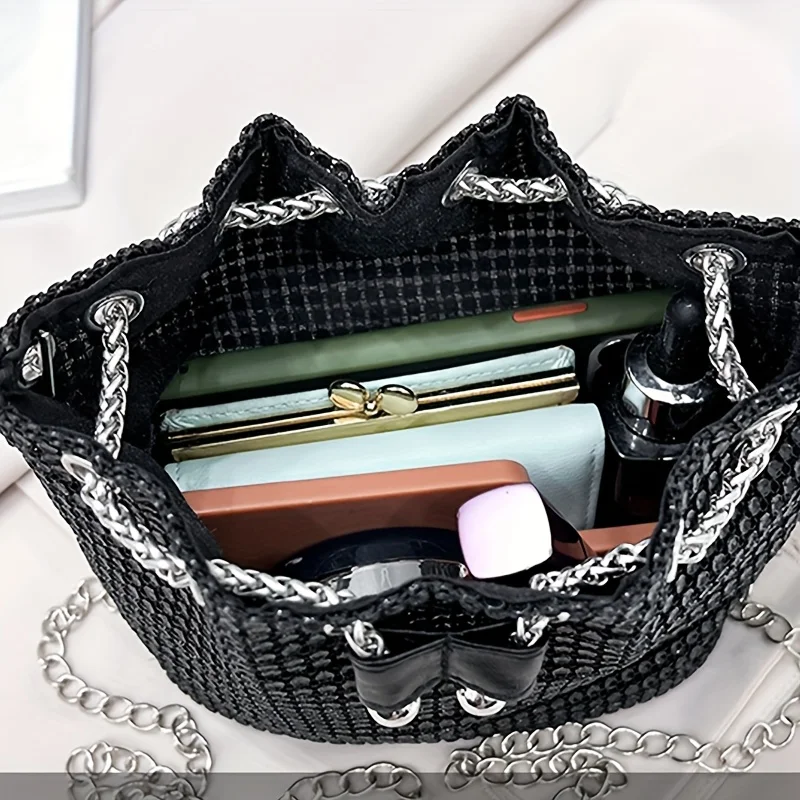 Ladies' shiny drawstring crossbody bag, bucket-shaped handbag, multi-functional, available in 5 colors: green, gold, silver, bla 6