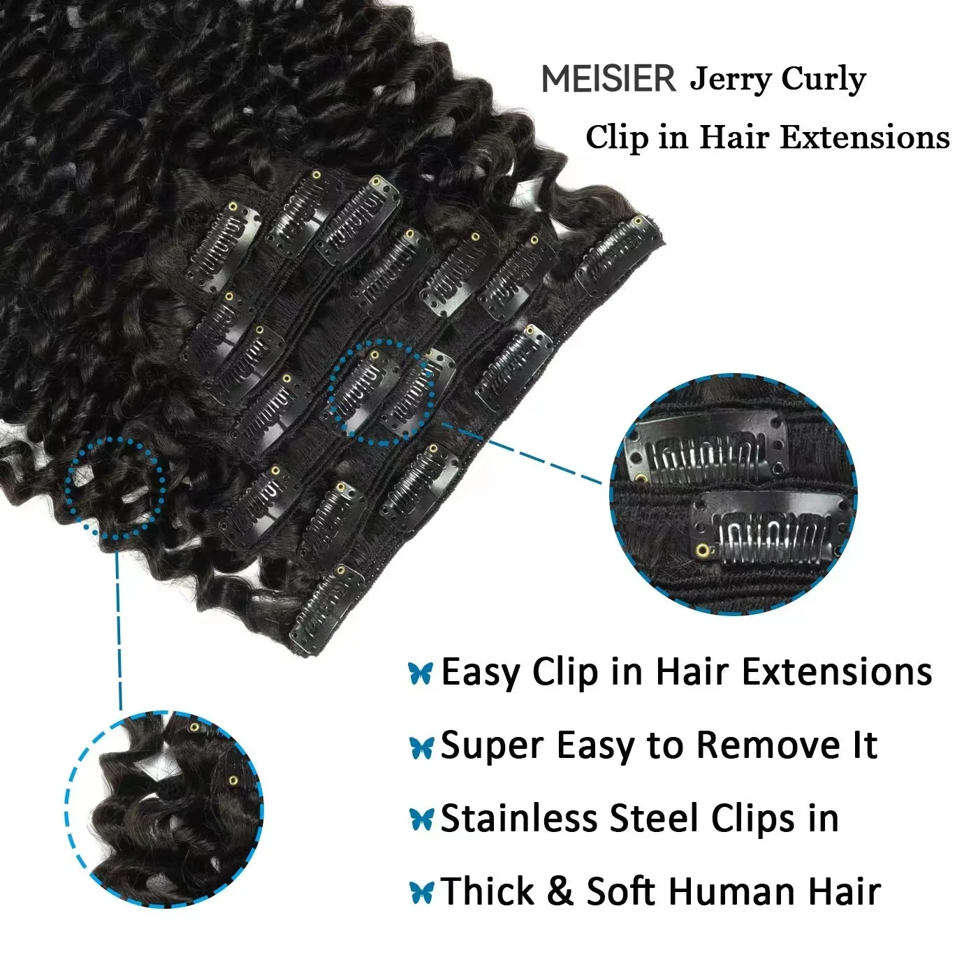 3B 3C Curly Clip in Hair Extensions 24Inch Jerry Curly Human Hair Extensions Full Head Natural Black #1B Thick End Extens