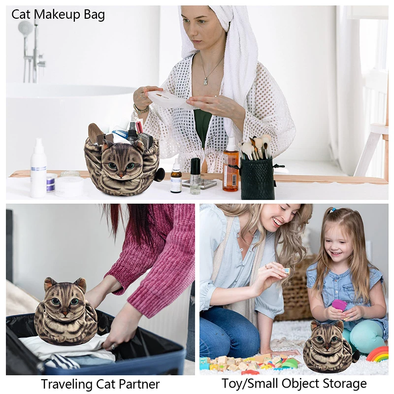 Adorable Cat Head 3D Makeup Bag with Drawstring Closure – Perfect Gift for Women Cat Lovers, Versatile Travel Cosmetic Organizer Pouch