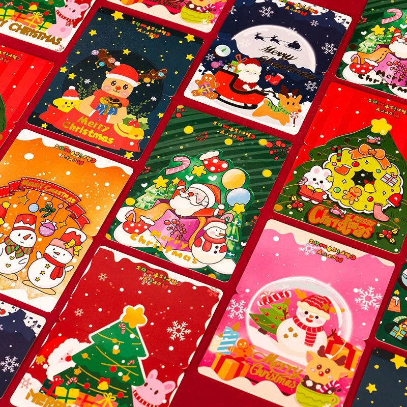 16pcs Cute Merry Christmas 3D Bronzing Paper Greeting Card Santa Claus Foldable Invitation Card for Christmas Theme Party Decor