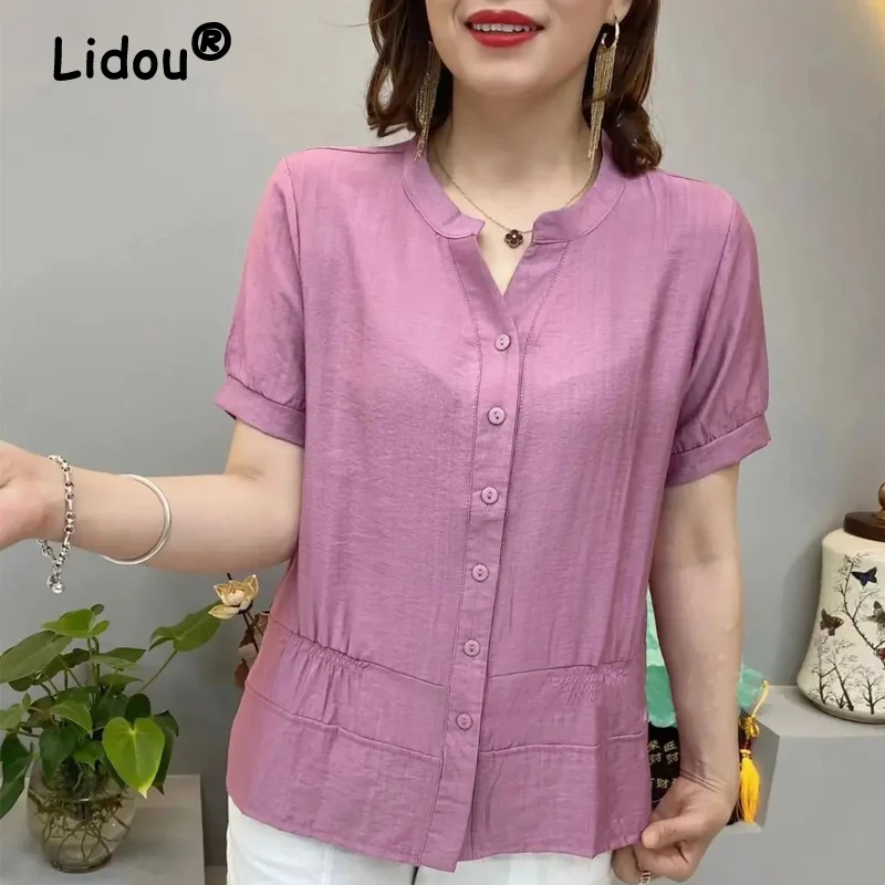 

Summer V Neck Solid Loose Short Sleeve Chiffon Top Blouse Women Fashion Ruffled Casual Button Up Shirts Blusas Mujer Clothes2023