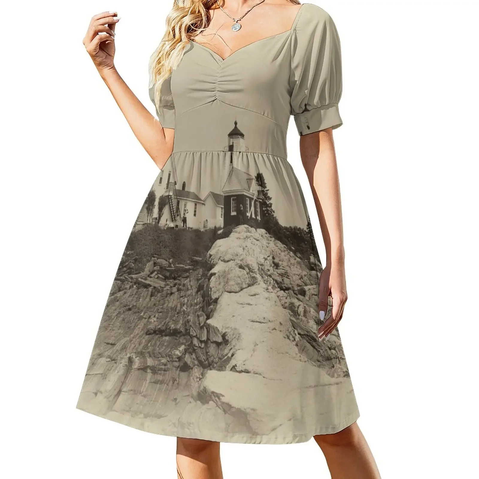 

Pemaquid Point Light House In Sepia Sleeveless Dress Women's evening dress