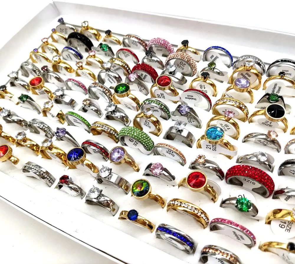 50pcs/lot Luxury Exquisite Multi-Colored Zircon Mix Stainless Steel Ring Men Women Wedding Ring Wholesale Bulk Jewelry Lot 4