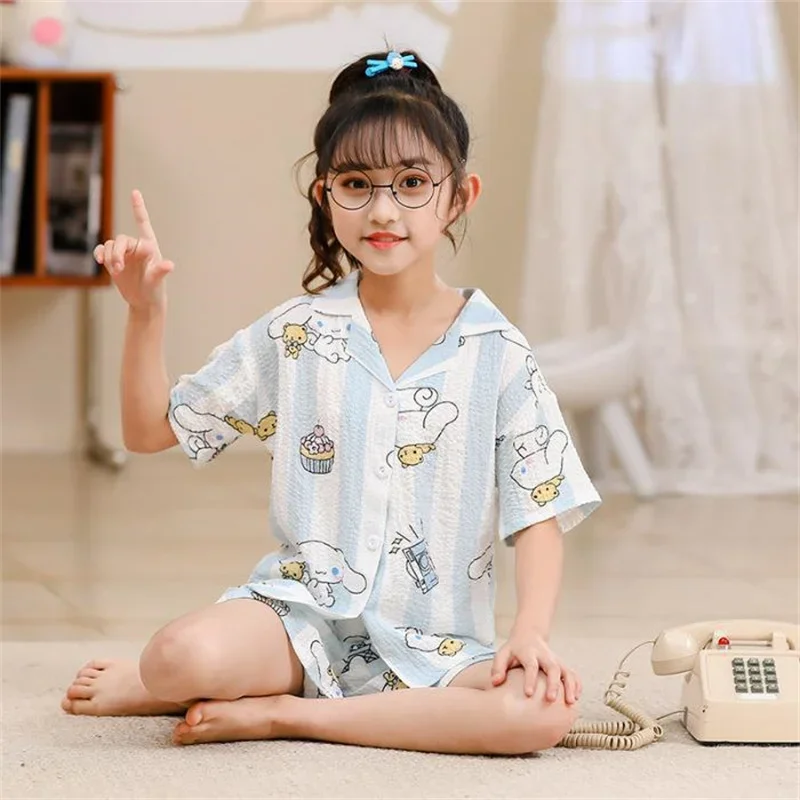 

Summer Children's Pajamas Sets Cute Anime Cinnamoroll Kuromi My Melody Kids Cardigan Short Sleeve Sleepwear Girls Boys Homewear