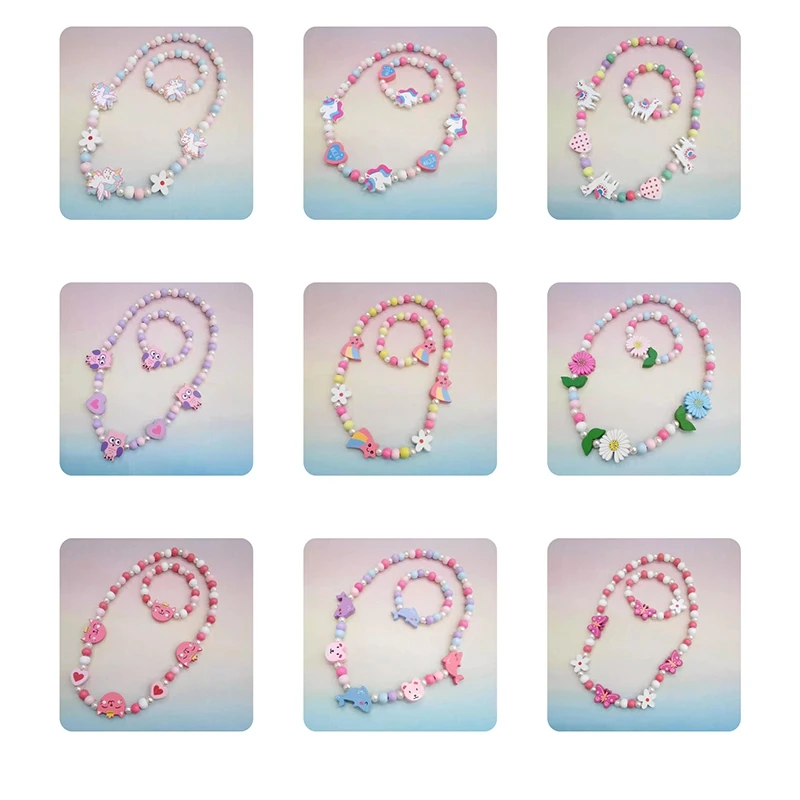Cartoon Colorful Wooden Unicorn Flower Animal Child Sweater Necklace Bracelet Girl's Gifts Children's Jewelry Kids Toys 2pc