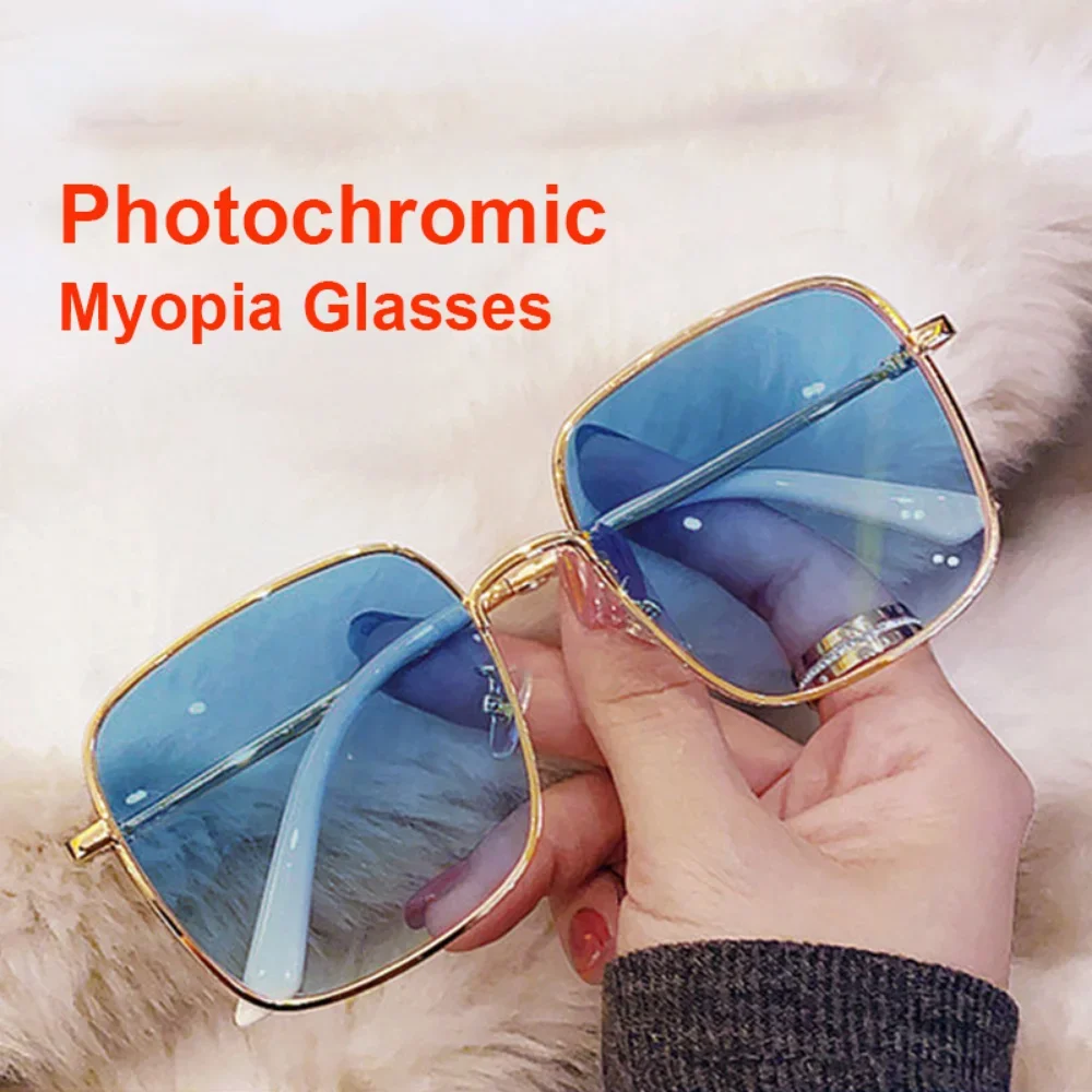 0~-600 Myopia Photochromic Glasses Women Diamond Studded Oversized Square Anti Blue Light UV-proof Finished Glasses with Degree 3