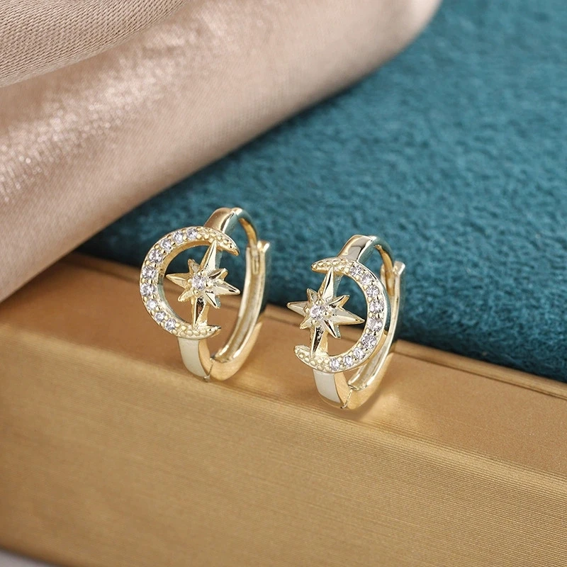 Cute Star Moon White Zircon Small Round Hoop Earrings For Women Charm Gold Color Ear Buckle Wedding Jewelry Valentine's Day Gift