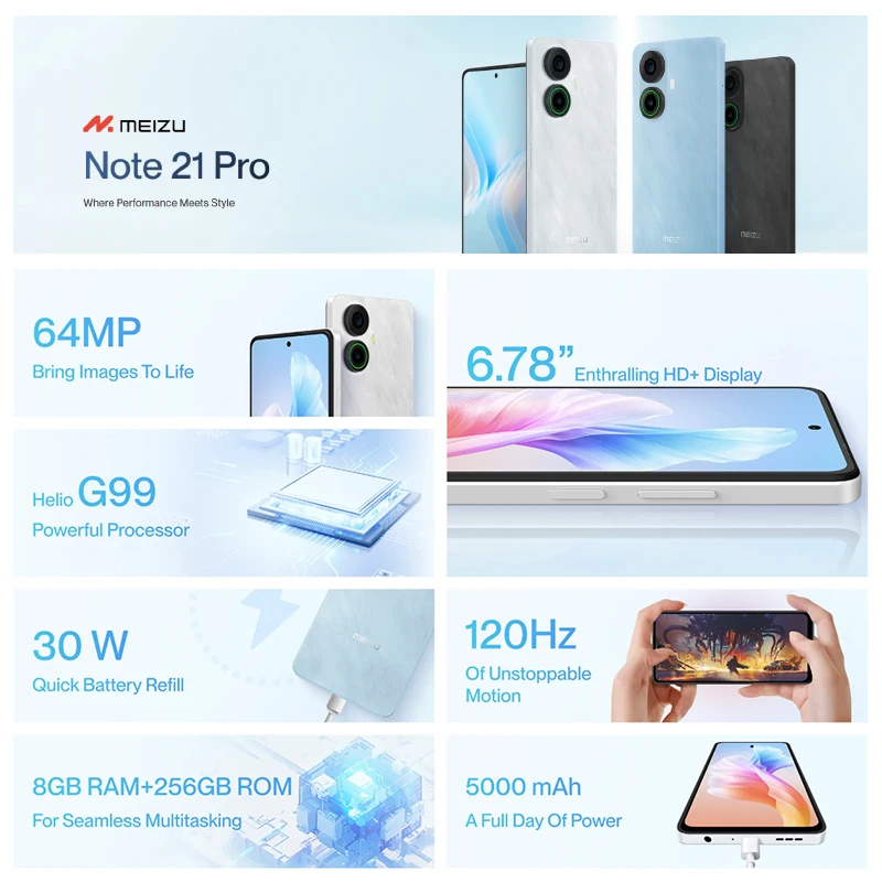 Global Version Meizu Note 21 Pro Smartphone 64MP Main Rear Camera 5000mAh Battery 6.78" 120Hz Display 30W Charge Helio G99 NFC 2