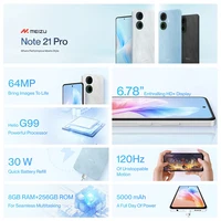 Global Version Meizu Note 21 Pro Smartphone 64MP Main Rear Camera 5000mAh Battery 6.78" 120Hz Display 30W Charge Helio G99 NFC 2