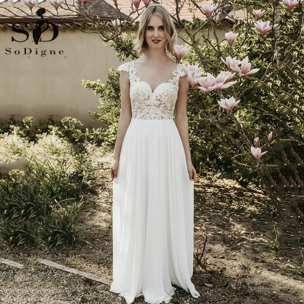 

SoDigne Boho Wedding Dress A-Line Sheer Neck Cap Sleeve Lace Appliques Backless Floor Length Formal Bride Gown Custom