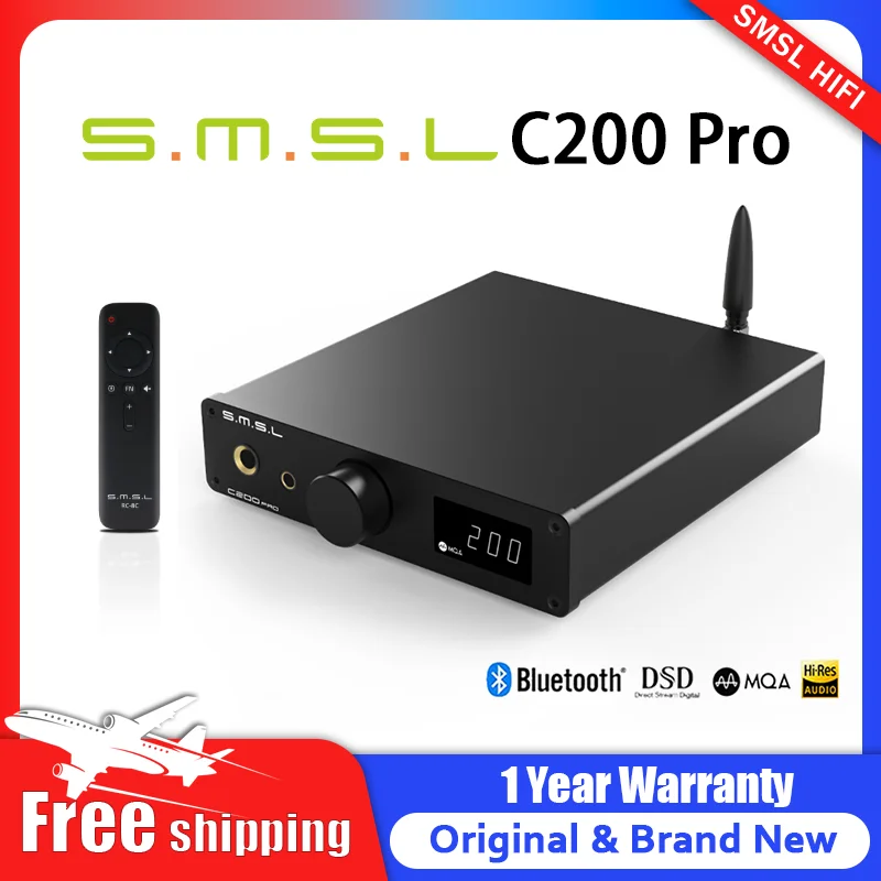 SMSL C200 Pro Hi Res Audio Decoder MQA-CD DSD Support Bluetooth5.1 USB Optical Coaxial 6.35mm 4.4mm Outputs Headphone Amplifier